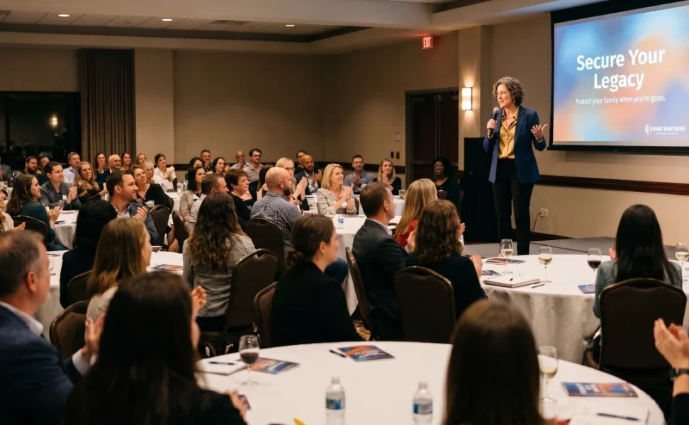 A full audience watching a speaker at the front of the room